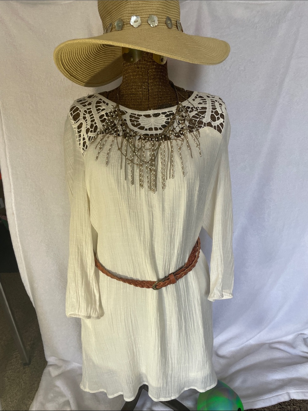 Boho Crochet Yoke White Long-Sleeve Dress